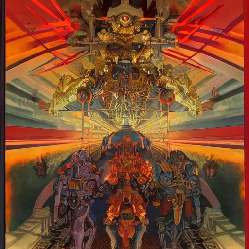 Image similar to beautifully colored detailed religious painting of occultist scientists summoning extradimensional gundam, occult giant robot power armor etched with glowing magical runes by m. c. escher, beeple, greg rutkowski and alphonse mucha. 8 k hd resolution