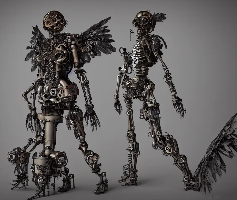 Prompt: Steampunk cyborg skeleton girl with mechanical stained dark wings. clockwork. gears, pipes. goggles. rivets. octane render. highly detailded