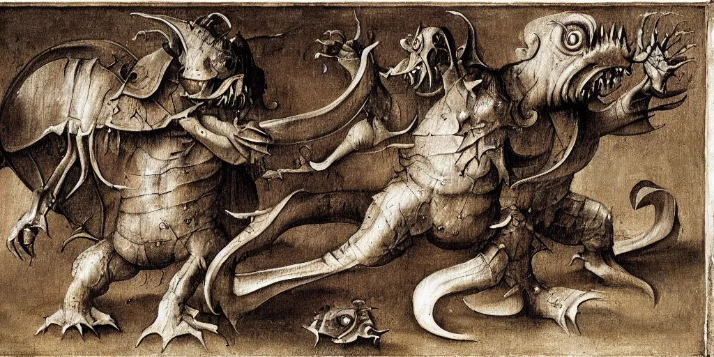 Prompt: a tarrasque fighting a powerful wizard as drawn by hieronymus bosch, oil painting, highly detailed