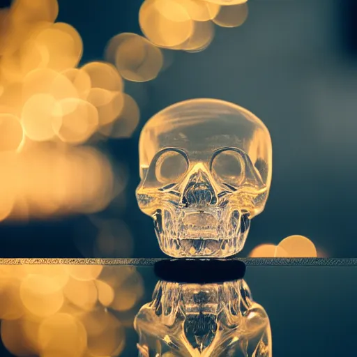 Image similar to high quality photo of crystal transparent skull,highly reflective, photography 4k, f1.8 anamorphic, bokeh, 4k, Canon, Nikon