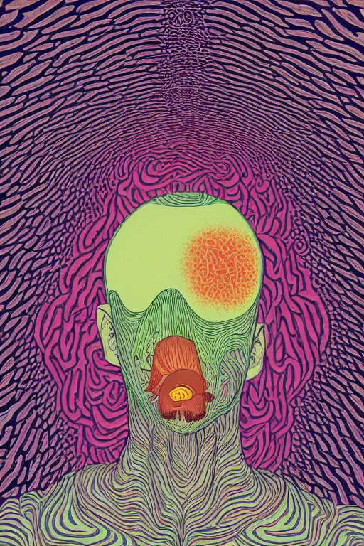 Image similar to man eats a tab of LSD acid on his tongue and dreams psychedelic hallucinations, screenprint by kawase hasui, alex grey and dan hillier, colorful flat surreal design, hd, 8k, artstation