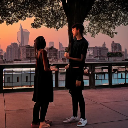 Image similar to a small rooftop with a couple of modern teenagers, standing and talking to each other, wearing black modern clothes, modern shanghai bund is on the background, sunset, by gregory crewdson