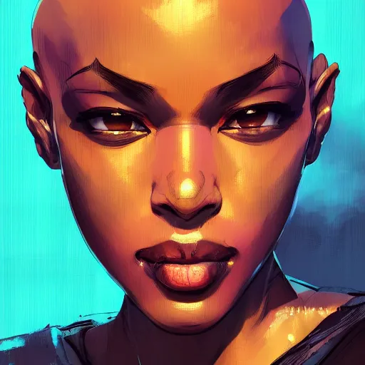 Image similar to portrait of a bald black woman, dramatic lighting, illustration by Rossdraws, yoji shinkawa, 4k, digital art, concept art, trending on artstation