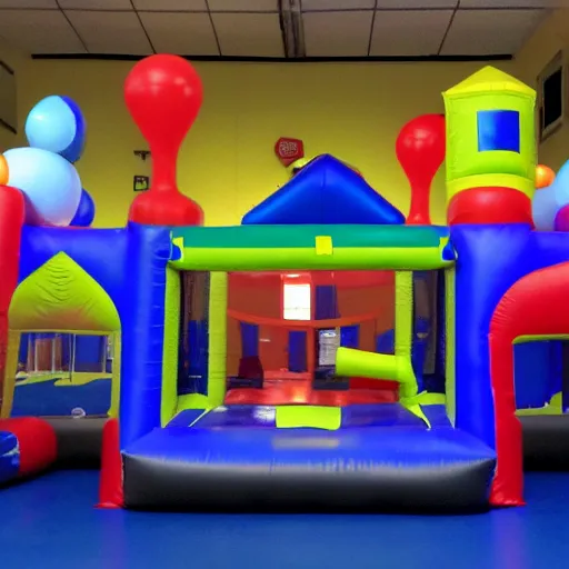 Image similar to a darkly lit indoor children's bounce house photo taken with a deposable camera limital space