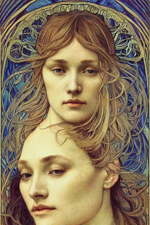 Image similar to detailed realistic beautiful young medieval queen face portrait by jean delville, alphonse mucha, vincent van gogh, and marco mazzoni, art nouveau, symbolist, visionary, gothic, pre - raphaelite