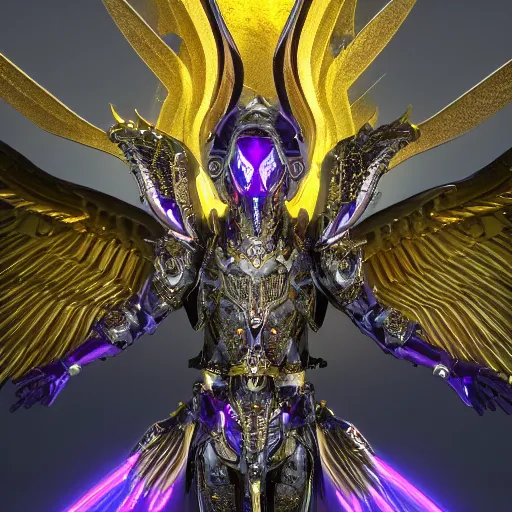 Prompt: a photo of 8k hyper realistic, octane render archangel with white iridescent wings, full body, intricate purple and yellow neon armor, ornate, standing on front of huge megastructure red doors of heaven, with sword of fire, magical atmosphere, cinematic lighting, trending on artstation, 4k, hyperrealistic, focused, high details, unreal engine 5