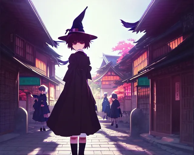 Image similar to key anime visual portrait of a young female witch walking through a busy fantasy village, ilya kuvshinov, dynamic pose, dynamic perspective, cinematic, dramatic lighting, muted colors, detailed silhouette, textured, anime proportions, kyoto animation, haibane renmei, niea _ 7, yoh yoshinari