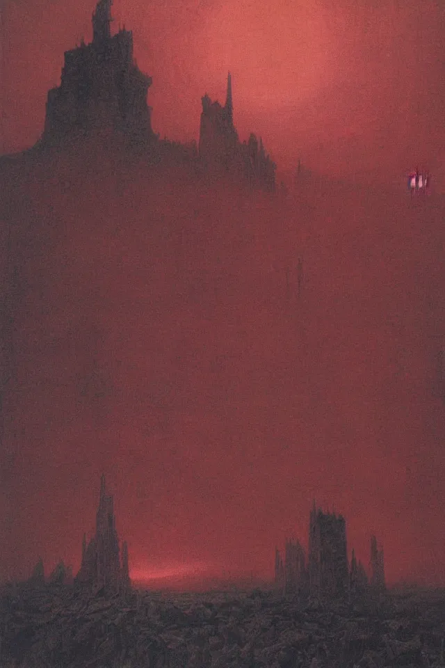 Prompt: painting of an colossal ominous morbid cathedral under a reddish sky, from bellow, tilted frame, high level of details, by Beksinski,