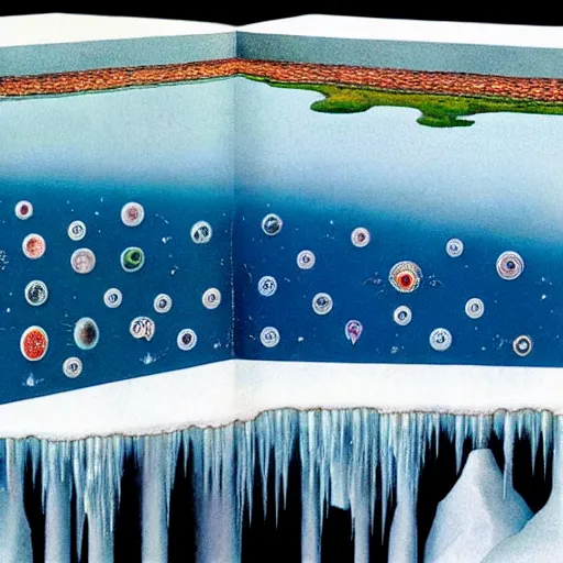 Image similar to codex seraphinianus of the flat earth model surrounded by a ice wall and firmament