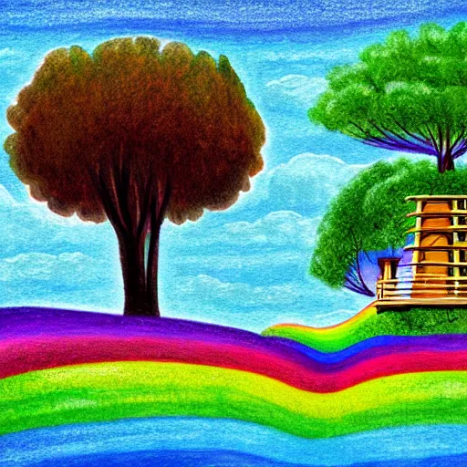 Image similar to : forest park with a tree house after it rained earlyin the morning rainbowin the sky, illustration art style