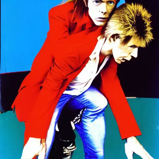 Image similar to david bowie from changes giving a piggy back ride to ziggy stardust. glam rock. by andy warhol