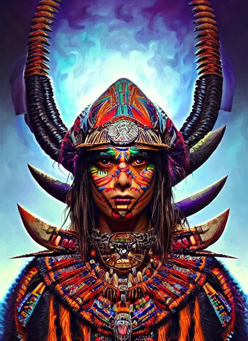 Prompt: portrait of jensen ackle, hyper detailed ultra sharp aztec shaman warrior. trending on artstation, warpaint aesthetic, bloodwave, colorful, psychedelic, ornate, intricate, digital painting, concept art, smooth, sharp focus, illustration, art by artgerm and greg rutkowski and h. r. giger, 8 k