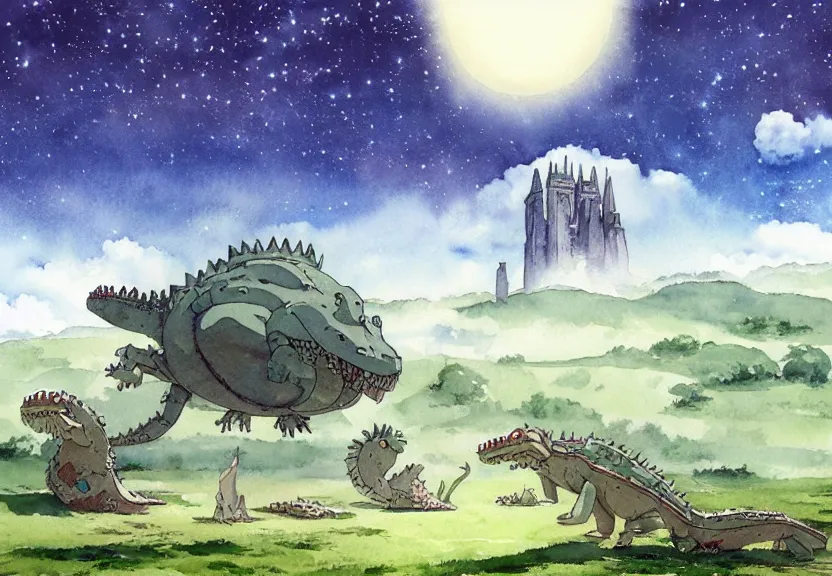 Prompt: a hyperrealist watercolor concept art from a studio ghibli film showing a giant grey mechanized crocodile from howl's moving castle ( 2 0 0 4 ). stonehenge is under construction in the background, in the rainforest on a misty and starry night. by studio ghibli