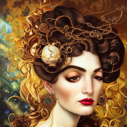 Image similar to dynamic composition, a painting of woman with hair of ( snowflakes )!! and ( vines in winter )! wearing ornate earrings, ornate gilded details, a surrealist painting by tom bagshaw and jacek yerga and tamara de lempicka and jesse king, featured on cgsociety, pop surrealism, surrealist, dramatic lighting, wiccan, pre - raphaelite