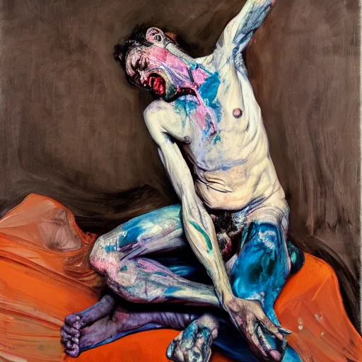 Image similar to high quality high detail painting of a man in agony by lucian freud and jenny saville and francis bacon and malcom liepke and nicola samori, hd, anxiety, seated with friend in a living room crying and screaming, turquoise and purple and orange and pink, dark atmosphere