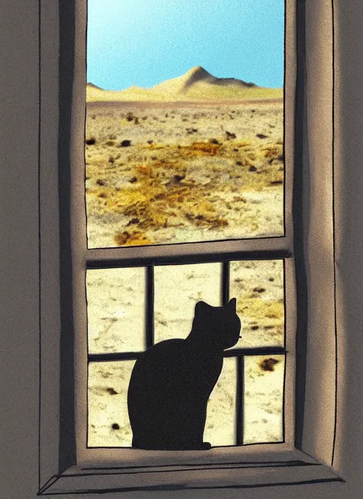 Image similar to cat watching a martian landscape from inside a window, photorealism