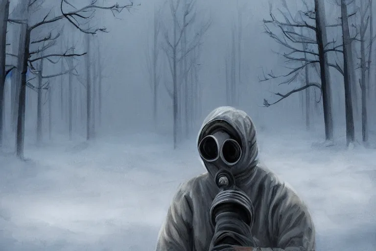 Prompt: ryan church jon mccoy concept art mood painting man wearing grey hazmat suit gp - 5 gas mask sitting against concreate wall snow covered field watching the beautiful winter sunrise burning ruins in background forest