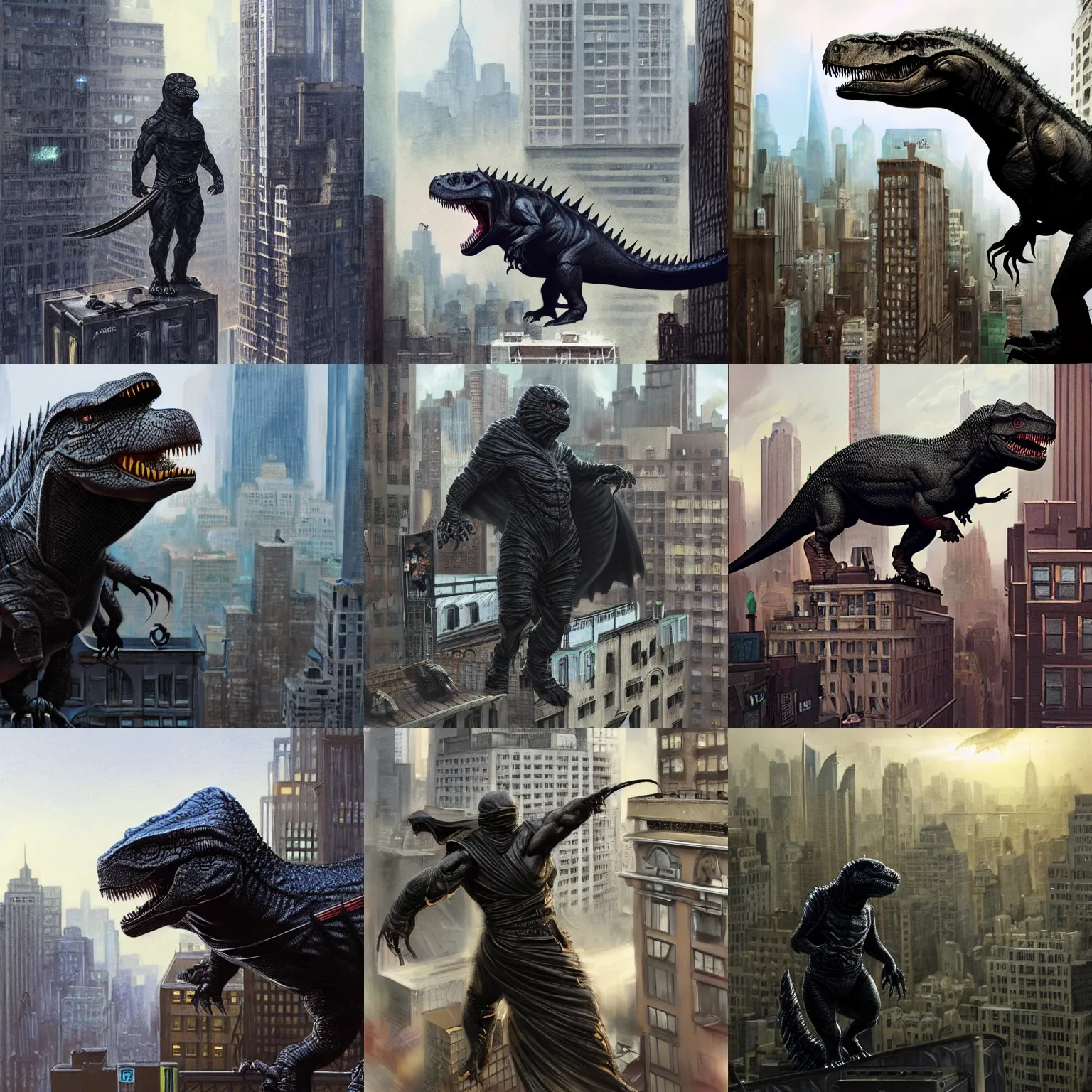 Prompt: T-rex dressed in black ninja cloths is standing on a top of building in New York watching over the city, D&D, fantasy, highly detailed, digital painting, trending on artstation, concept art, sharp focus, illustration, art by artgerm and greg rutkowski and magali villeneuve