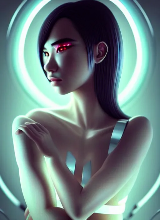 Image similar to photorealistic portrait of futuristic oriental female humanoid with freckle cheeks, cyber neon lightings, cyberpunk high fashion, elegant pose, intricate details, crispy quality, digital photography, trending in artstation, trending in pinterest, no watermark signature, cinematic, 4 k ultra hd, art by artgerm, art by greg rutkowski, art by pascal blanche