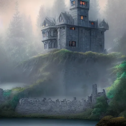 Prompt: a stone castle surrounded by lakes and trees, mist, fantasy, concept art, clear, crisp, sharp, extremely detailed, wallpaper