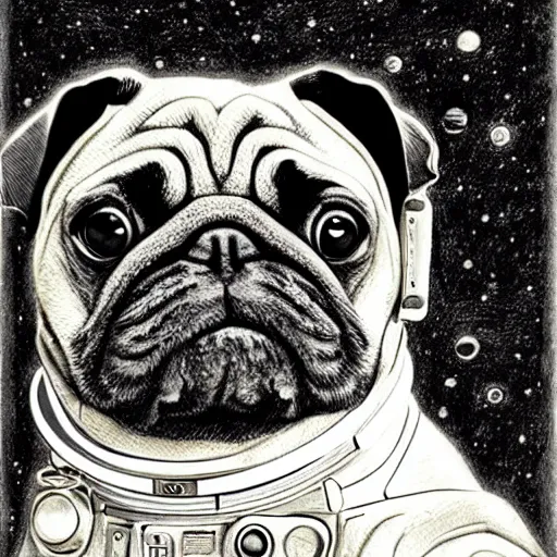 Prompt: pencil art, golden - ratio, spirals, highly detailed, astronaut pug in outer space by davinci.