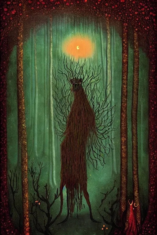 Image similar to tarot card, haunted woods, by andy kehoe