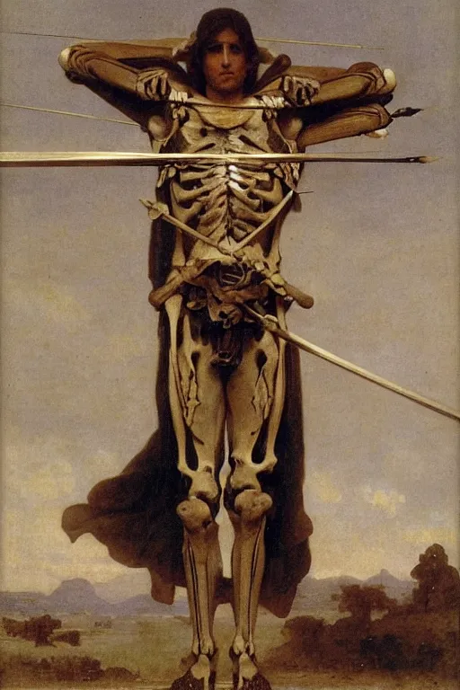 Image similar to portrait of a skeleton archer with bow and arrow in the middle world, wearing helmets with wings, wearing european style armor, holding a sword in both hands, symmetrical, solemn, sacred, aura, by bouguereau