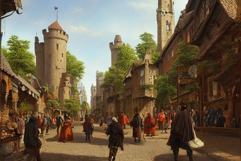 Prompt: people in the streets of the medieval castle town of nyakakatan, in a temperate rainforest, matte painting city street scene by james gurney and bernardo bellotto and angus mcbride, 8 k concept art