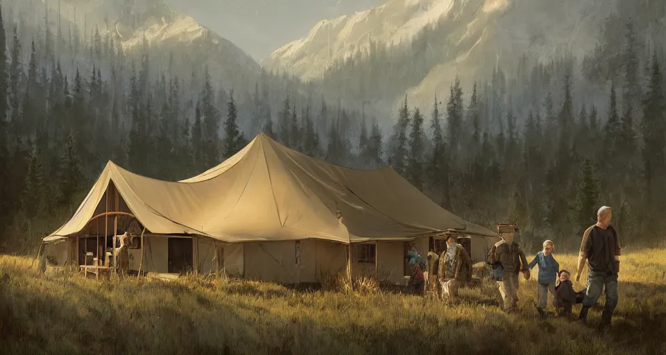 Image similar to cabela's beautiful comfortable modular insulated wall kit - house all weather family dwelling tent house, person in foreground, mountainous forested wilderness open fields, beautiful views, painterly concept art, joanna gaines, environmental concept art, farmhouse, magnolia, concept art illustration, by james gurney, by craig mullins, by greg rutkowski trending on artstation