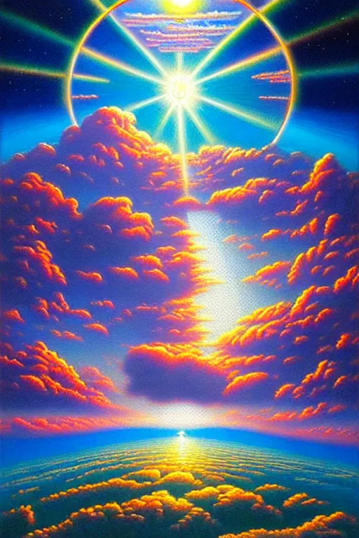 Prompt: a photorealistic painting of a beautiful vibrant iridescent future for human evolution, spiritual science, divinity, utopian, cumulus clouds, ornate, isometric, by david a. hardy, kinkade, lisa frank, wpa, public works mural, socialist by johfra bosschart, dark fantasy art, high detail, trending on artstation