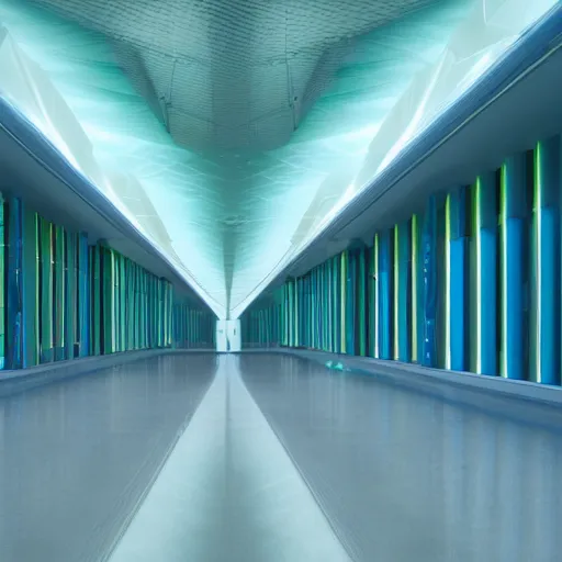 Image similar to liminal space - station interior, large open room, gentle blue and green lighting, futuristic, angular design