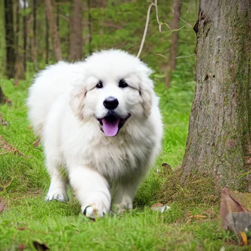 Prompt: a photograph of bun bun the great pyrenees playing in the forest, hyperrealism, photo realistic, canon pro