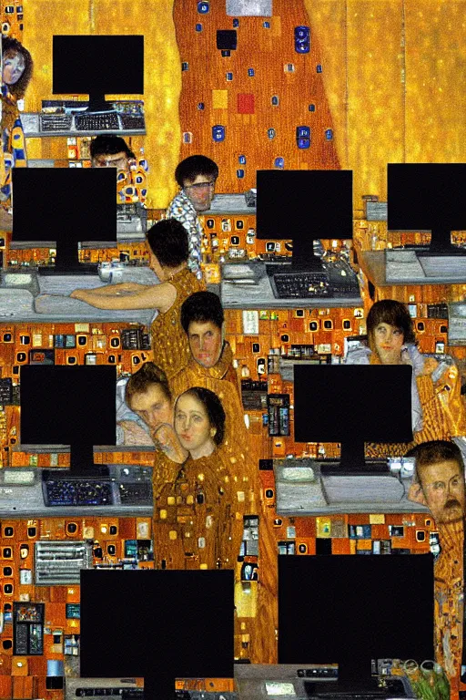 Image similar to oil painting highly detailed computer workers in office painted by gustav klimt