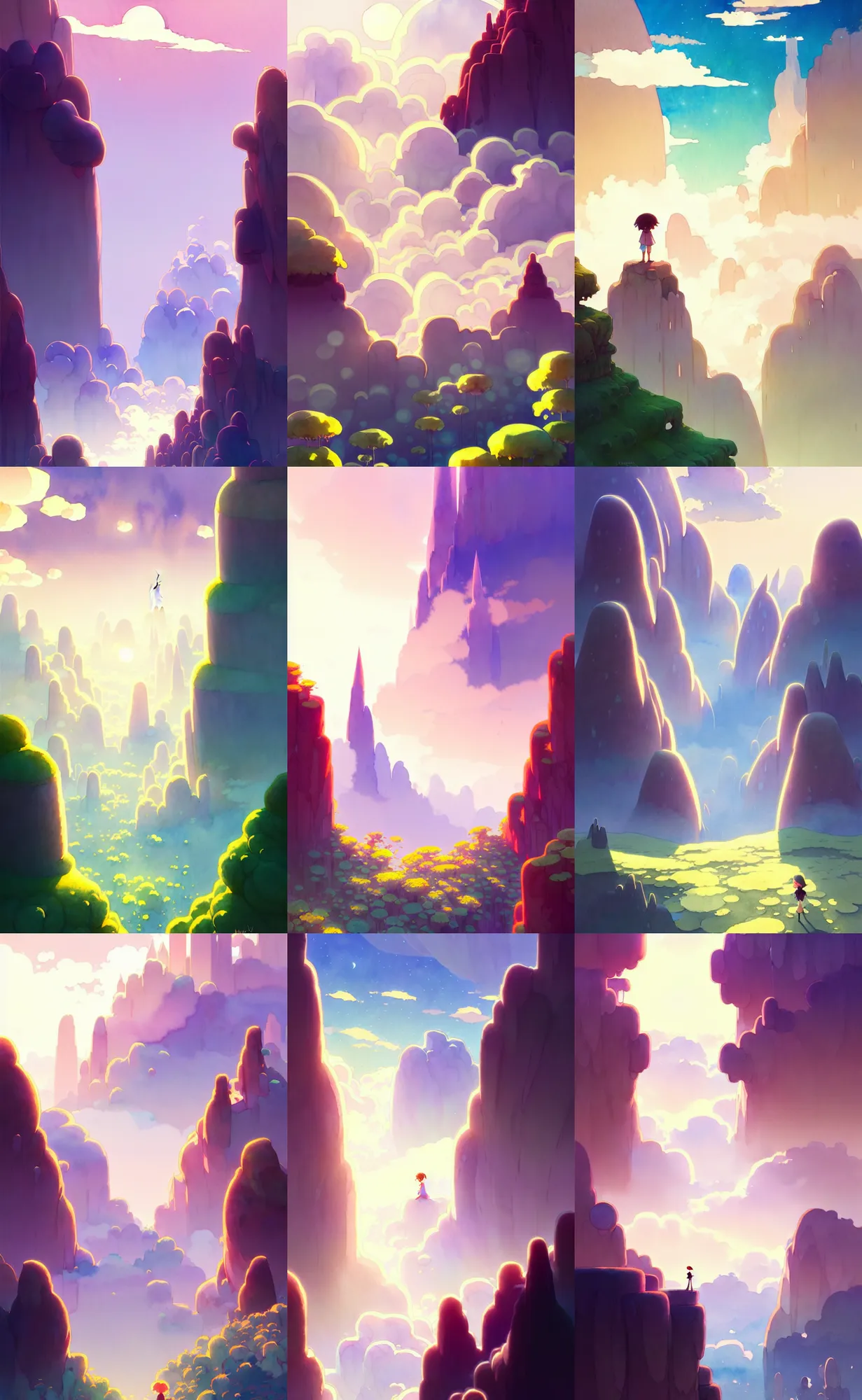 Prompt: a wholesome animation key shot, thin towers of ancient masonry peaks rise above clouds, studio ghibli, pixar and disney animation, sharp, disney concept art watercolor illustration by mandy jurgens and alphonse mucha and alena aenami, pastel color palette, bloom, dramatic lighting