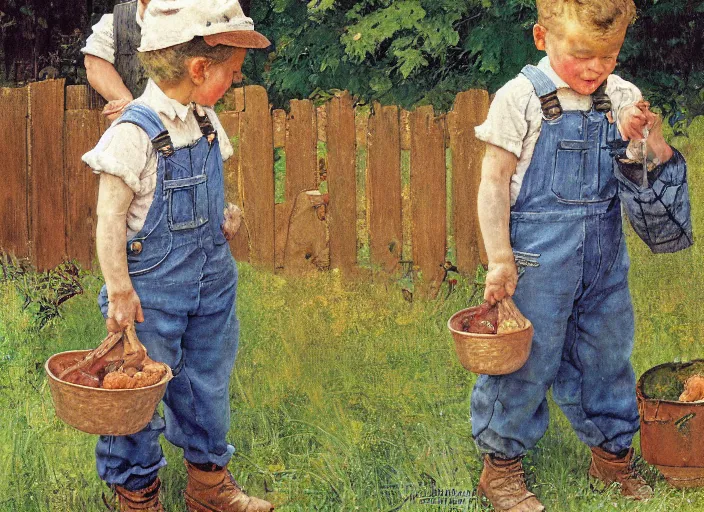 Image similar to high quality high detail painting by norman rockwell, hd, two young boys wearing overalls, farm, muted pastel colors, photorealistic lighting