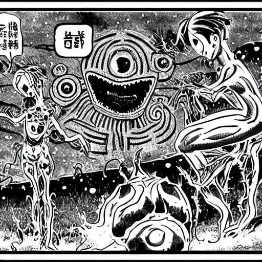 Prompt: a frame from a cosmic horror manga, in the style of junji ito