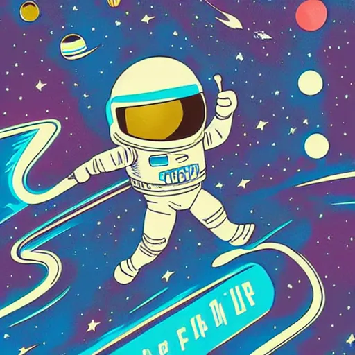 Image similar to colorful pixar, mcbess illustration, an astronaut drifting through space