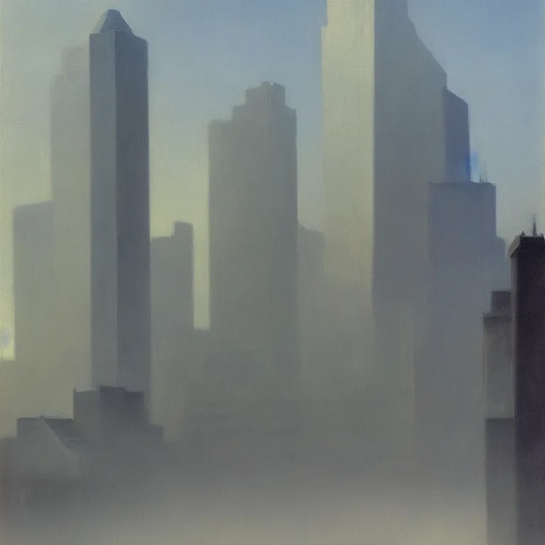 Prompt: city fog, early morning, painted by Edward Hopper, painted by Wayne Barlow, airbrush