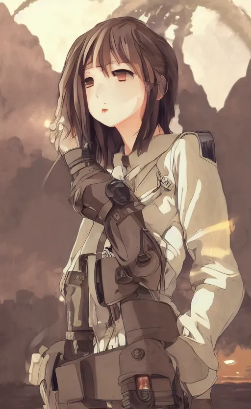 Image similar to anime style, panoramic view of girl, searchlights in background, soldier clothing, short hair, hair down, symmetrical facial features, from arknights, hyper realistic, 4 k, rule of thirds, extreme detail, detailed drawing, trending artstation, hd, d & d, realistic lighting, by alphonse mucha, greg rutkowski, sharp focus, backlit