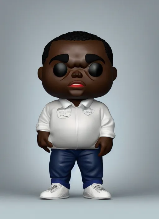 Image similar to full body 3 d render of notorious big as a funko pop, studio lighting, white background, blender, trending on artstation, 8 k, highly detailed