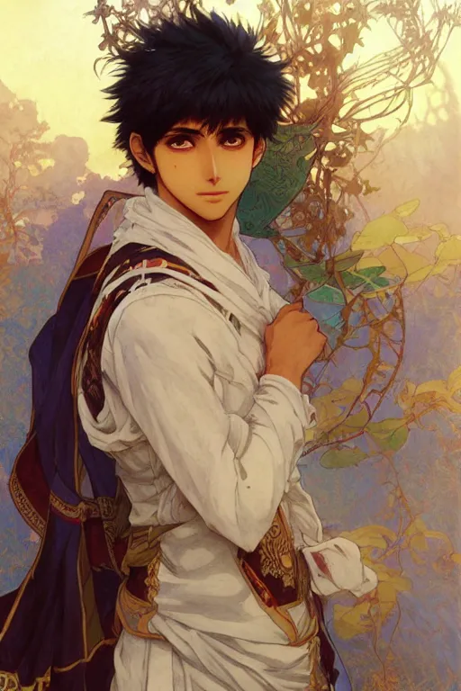 Image similar to pakistani teenage boy as an anime protagonist, fantasy, intricate, elegant, highly detailed, digital painting, artstation, concept art, smooth, sharp focus, illustration, art by gaston bussiere and alphonse mucha