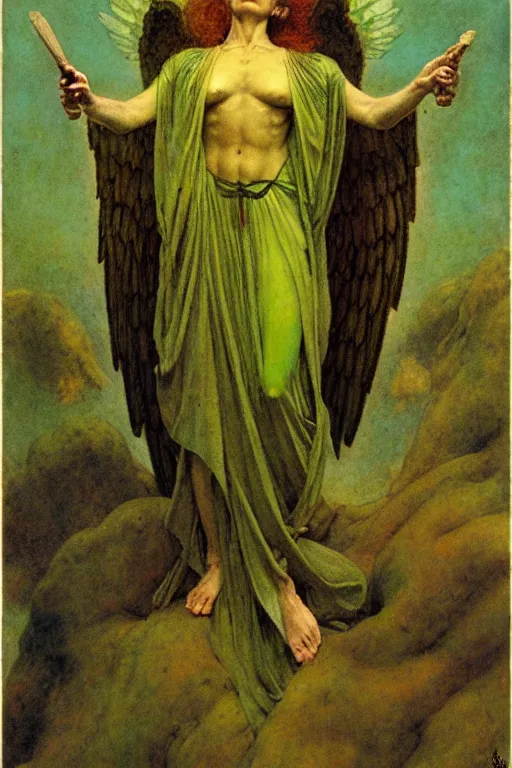 Image similar to a portrait of archangel raphael in a green toga by wayne barlowe, gustav moreau, goward,  Gaston Bussiere and roberto ferri, santiago caruso, and austin osman spare, ((((occult art))))