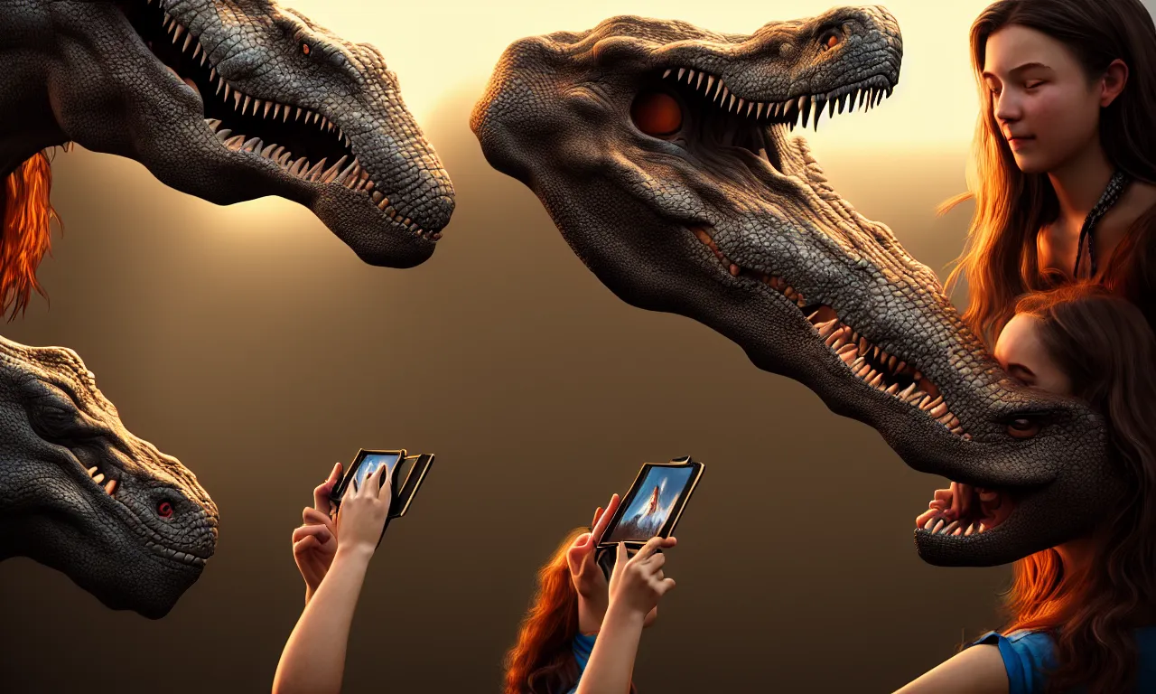 Image similar to portrait of a girl making selfie with her beloved tyrannosaurus, high detail, raytracing, back light, digital art, raymarching, by zdenek burian