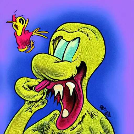 Image similar to tweety bird body horror portrait technicolor r. crumb