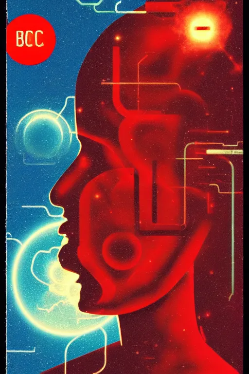 Image similar to vintage science fiction book cover, depicting artificial intelligence, azure color bleed, warm red tones, film grain, lensflare