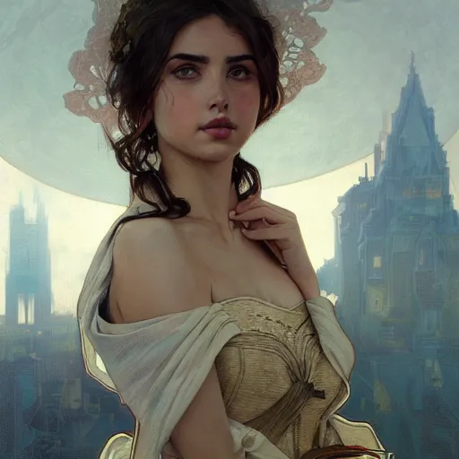 Image similar to a portrait of ana de armas, urban motifs, intricate, elegant, highly detailed, digital painting, trending on artstation, concept art, smooth sharp focus, illustration, art by artgerm and greg rutkowski alphonse mucha