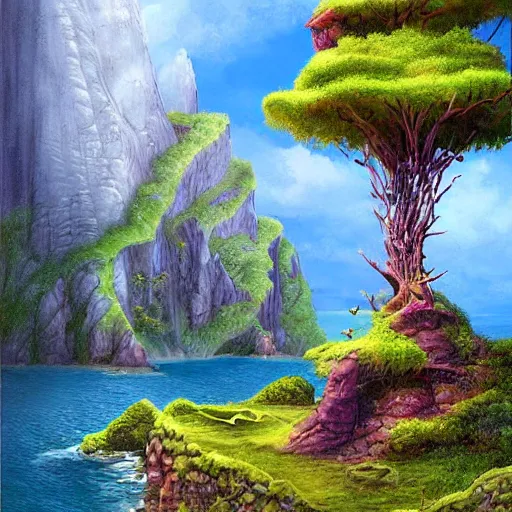 Image similar to fantasy illustration of a lush natural scene on an alien planet by brian millar. detailed. beautiful landscape. colourful weird vegetation. cliffs and water.