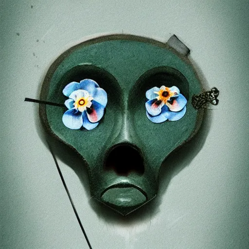 Image similar to Clockwork forget-me-nots form a sad mask in the faint sunflower glow of a lonely friend, artstation