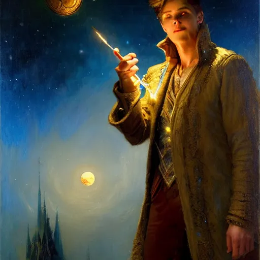 Image similar to attractive male wizard magically floating high in the night, fantasy, full moon in background. highly detailed painting by gaston bussiere, craig mullins, j. c. leyendecker, mid shot, 8 k