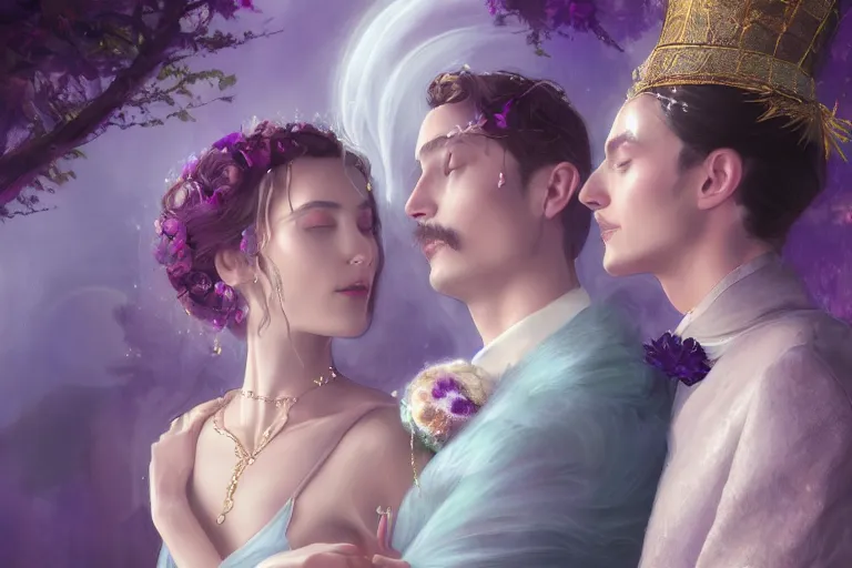 Image similar to a dreamlike cinematic portrait of wedding photograph close up moment of a divine a russia sun god and moon goddess lovers magician at a wedding banquet. portraiture. digital painting. artstation. concept art. fantasy wedding photo. digital painting, 8 k realistic, hyper detailed, violet evergarden art masterpiece by art by krenz cushart